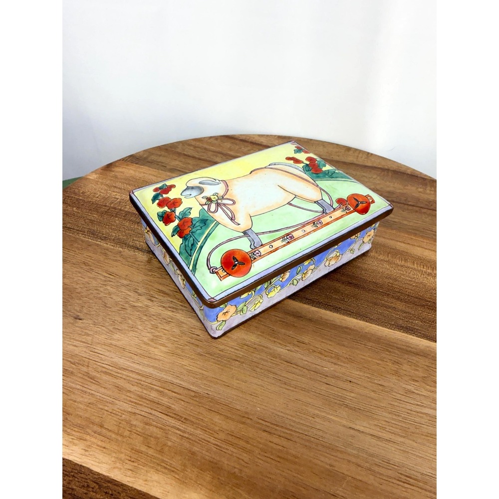 Vintage Sheep Pull Toy Folk Art Trinket Box -Whimsical Enamelware Jewelry Box